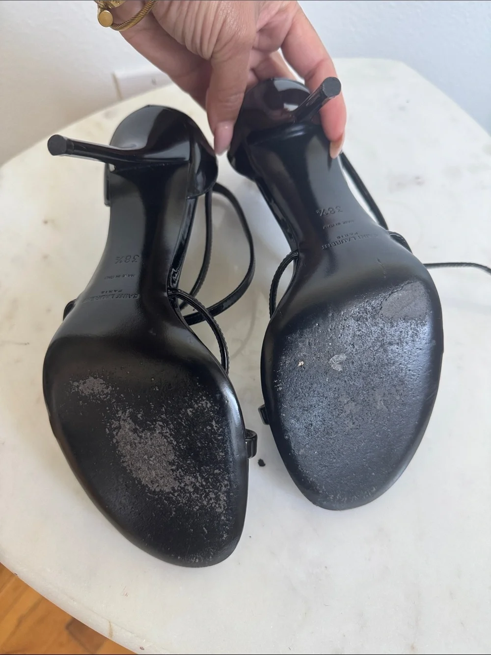 Saint Laurent Black Patent Leather Logo Strap High-Heel Sandals - Picture 7 of 9